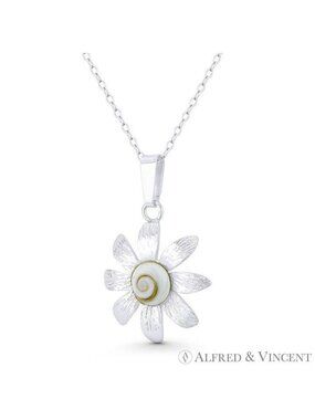 8-Petal Daisy Flower Charm Faux Seashell Pendant in .925 Sterling Silver